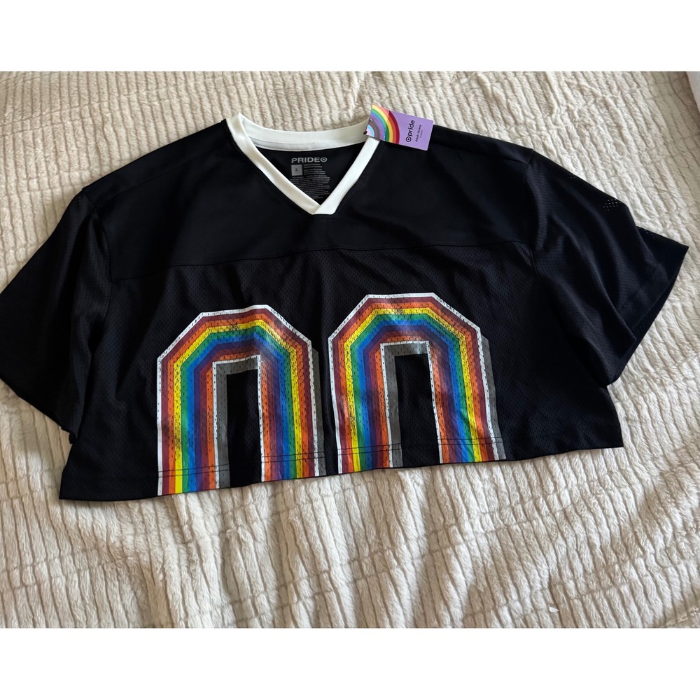 Target Pride Adult Jersey Black Rainbow Cropped Mesh V-Neck Shirt XL NWT
